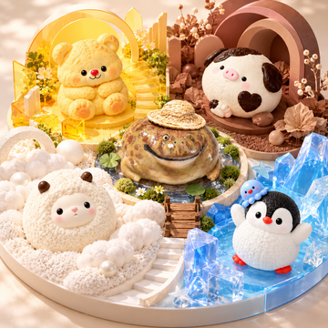 Five animal squishies displayed in colorful miniature habitats, including a yellow bear, cocoa pig, fluffy lamb, blue penguin and hat-wearing frog.