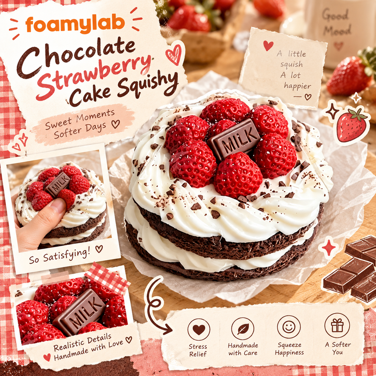 Strawberry chocolate cream cake squishy poster showing a round layered cake with strawberry decorations and a hand squeezing it